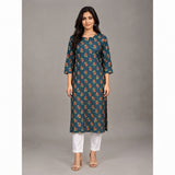 Women’s Teal Blue Floral Printed Straight Kurti