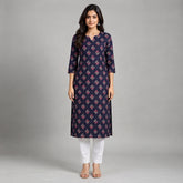 Women’s Navy Blue Diamond Floral Printed Straight Kurti