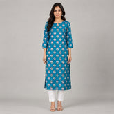 Women’s Teal Blue Floral Printed Straight Kurti
