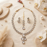 Zelya Premium Crystal bigdrop Necklace Set for Women | Silver Finish Adjustable Necklace with Earrings & Maang Tikka