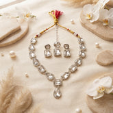 Premium Crystal drop Necklace Set for Women | Silver Finish Adjustable Necklace with Earrings & Maang Tikka
