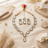 Premium Crystal drop Necklace Set for Women | Silver Finish Adjustable Necklace with Earrings & Maang Tikka