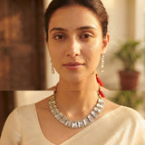 Zelya Mirror Crystal Adjustable Necklace Set for Women | Silver Finish Choker with Matching Earrings | Statement Jewellery Set