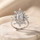 Radiant Snowflake Statement Ring for Women | Emerald-Cut Crystal Halo Ring | Silver Finish Adjustable Ring