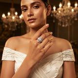 Radiant Snowflake Statement Ring for Women | Emerald-Cut Crystal Halo Ring | Silver Finish Adjustable Ring