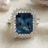 Royal Blue Statement Ring for Women | Emerald-Cut Blue Crystal Halo Ring | Silver Finish Adjustable Cocktail Ring