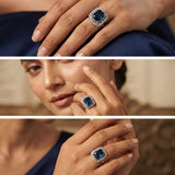 Royal Blue Statement Ring for Women | Emerald-Cut Blue Crystal Halo Ring | Silver Finish Adjustable Cocktail Ring