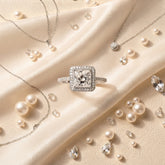 Princess Cut Crystal Adjustable Ring for Women | Silver Finish Halo Statement Ring | Luxury Party Ring