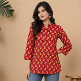 Red Floral Printed Taj Cotton Short Kurti