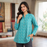 Turquoise Floral Printed Taj Cotton Short Kurti
