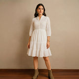 Women’s Ivory White Tiered Flared One Piece Dress with Mandarin Collar