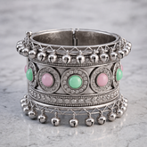 Zelya Premium Oxidised Pastel Stone Bracelet for Women | Handcrafted Ghungroo Ethnic Cuff Bracelet