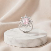 Blush Pink Floral Statement Ring for Women | Adjustable Crystal Cocktail Ring | Silver Finish Luxury Ring