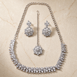 Zelya Silver Crystal Floral Necklace Set with Earrings & Maang Tikka for Women