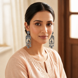 Oxidized Temple Jhumka Drop Earrings for Women | Traditional Antique Silver Earrings