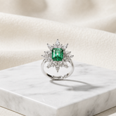 Emerald Bloom Statement Ring for Women | Emerald-Cut Crystal Floral Halo Ring | Silver Finish Adjustable Ring