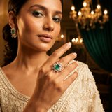 Emerald Bloom Statement Ring for Women | Emerald-Cut Crystal Floral Halo Ring | Silver Finish Adjustable Ring