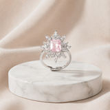 Blush Pink Floral Statement Ring for Women | Adjustable Crystal Cocktail Ring | Silver Finish Luxury Ring