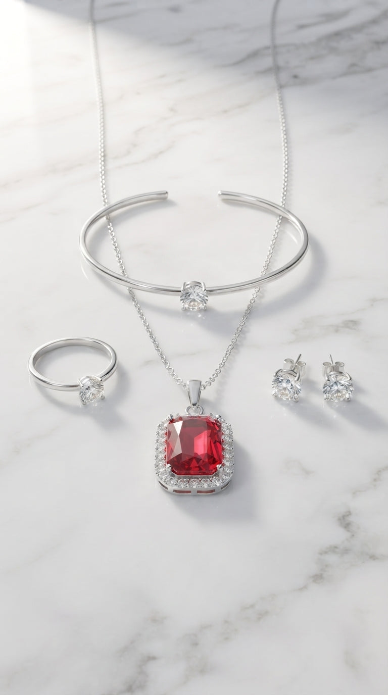 Royal Ruby Crystal 4-Piece Jewellery Gift Set | Pendant Necklace, Adjustable Ring, Bracelet & Stud Earrings