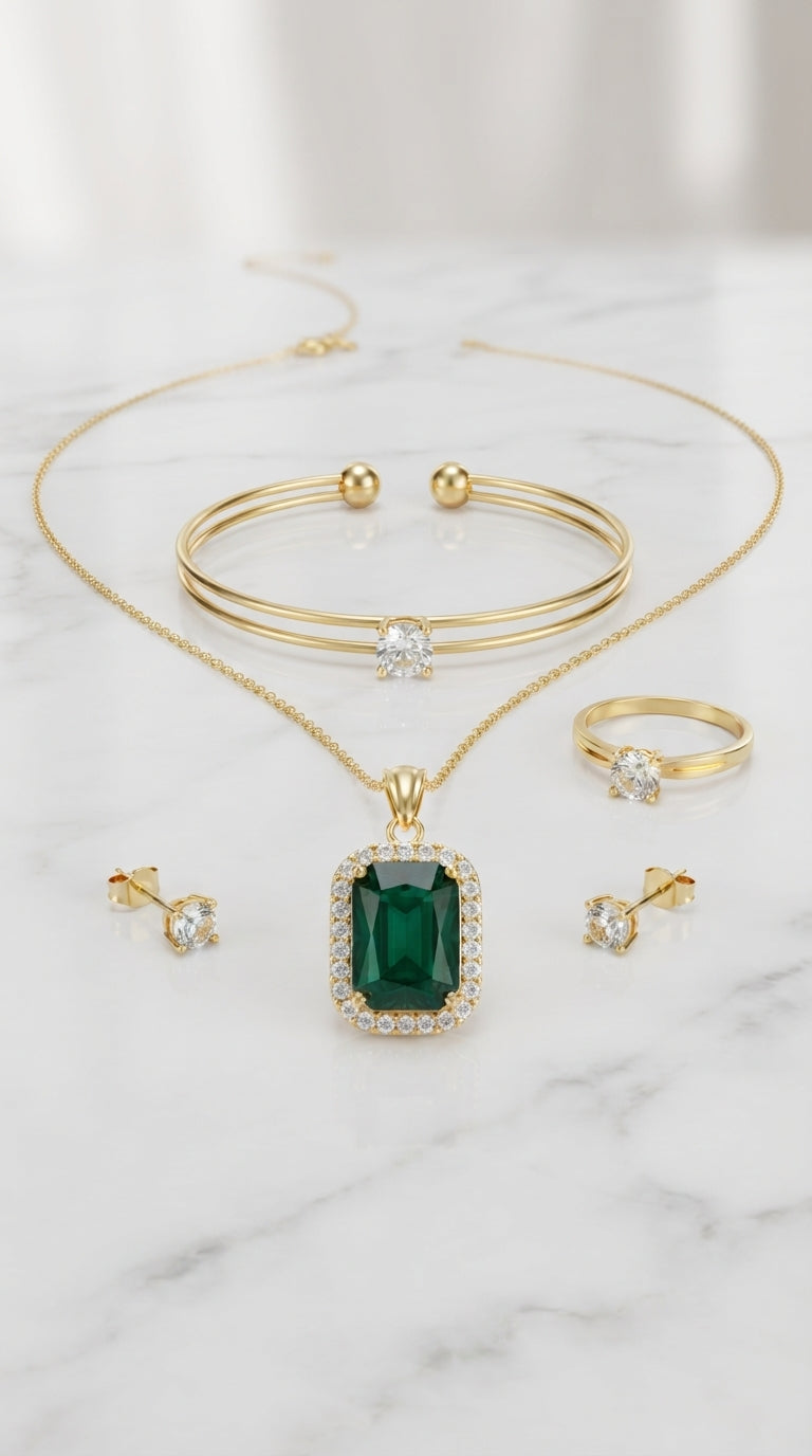 Emerald Solitaire 4-Piece Gold Jewellery Gift Set | Necklace, Bracelet, Ring & Stud Earrings