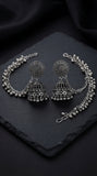 Oxidized Circular Jhumka Earrings with Ear Chain | Traditional Ethnic Earrings for Women