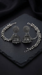 Oxidized Circular Jhumka Earrings with Ear Chain | Traditional Ethnic Earrings for Women
