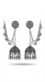 Oxidized Circular Jhumka Earrings with Ear Chain | Traditional Ethnic Earrings for Women
