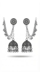 Oxidized Circular Jhumka Earrings with Ear Chain | Traditional Ethnic Earrings for Women
