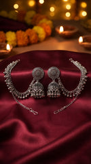 Oxidized Circular Jhumka Earrings with Ear Chain | Traditional Ethnic Earrings for Women