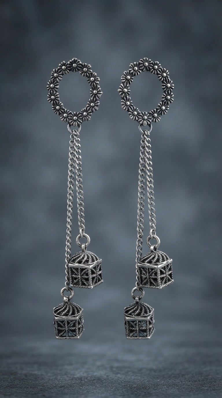 Oxidized Floral Chain Drop Earrings for Women | Traditional Antique Silver Earrings