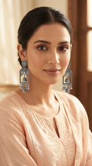 Oxidized Temple Jhumka Drop Earrings for Women | Traditional Antique Silver Earrings