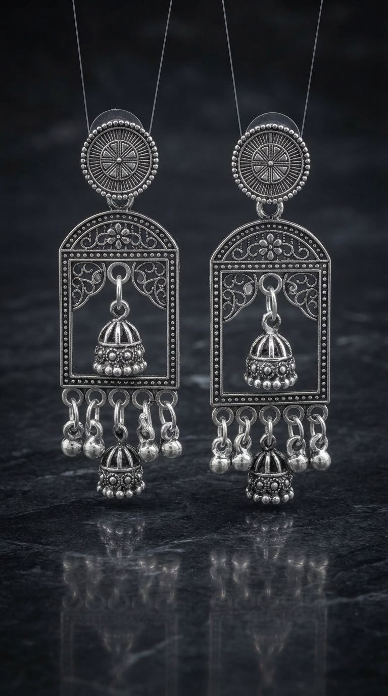 Oxidized Temple Jhumka Drop Earrings for Women | Traditional Antique Silver Earrings