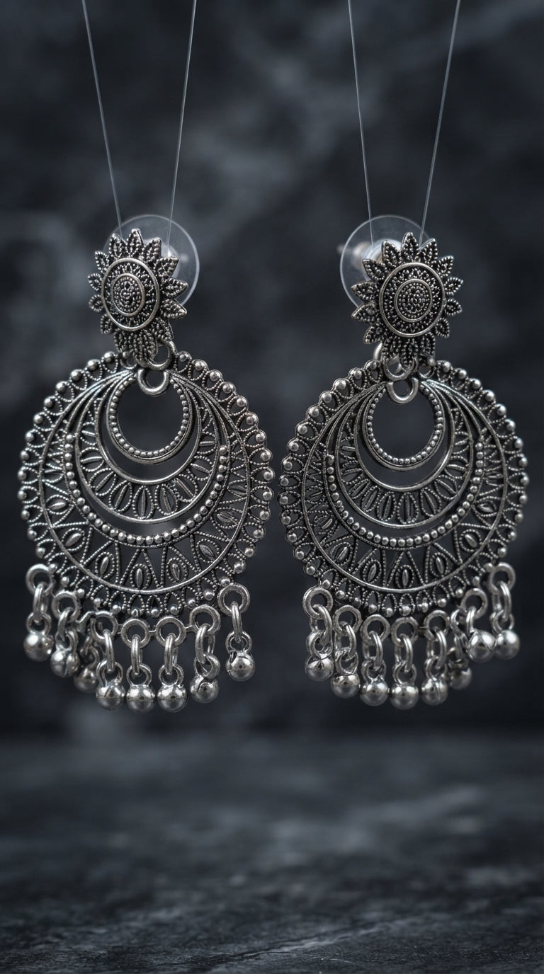 Oxidized Chandbali Drop Earrings for Women | Traditional Boho Statement Earrings