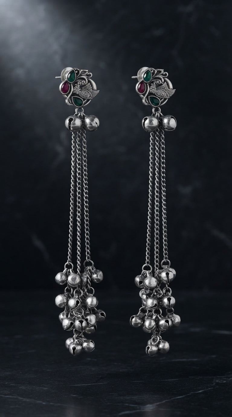 Oxidized Kashmiri Bird Tassel Earrings for Women | Traditional Ethnic Drop Earrings