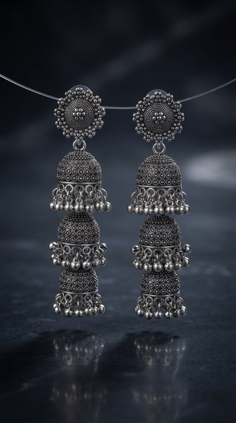 Oxidized Triple Layer Jhumka Earrings for Women | Traditional Antique Silver Statement Earrings