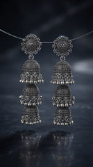 Oxidized Triple Layer Jhumka Earrings for Women | Traditional Antique Silver Statement Earrings