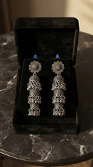 Oxidized Triple Layer Jhumka Earrings for Women | Traditional Antique Silver Statement Earrings