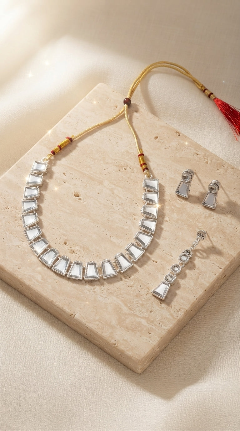 Zelya Mirror Crystal Adjustable Necklace Set for Women | Silver Finish Choker with Matching Earrings | Statement Jewellery Set