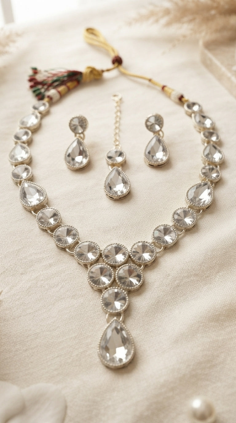 Premium Crystal Teardrop Necklace Set for Women | Silver Finish Adjustable Necklace with Earrings & Maang Tikka