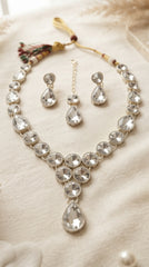 Premium Crystal Teardrop Necklace Set for Women | Silver Finish Adjustable Necklace with Earrings & Maang Tikka