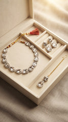 Premium Crystal drop Necklace Set for Women | Silver Finish Adjustable Necklace with Earrings & Maang Tikka
