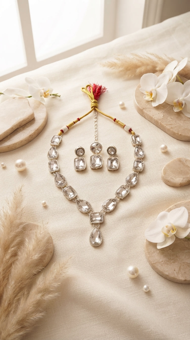 Premium Crystal drop Necklace Set for Women | Silver Finish Adjustable Necklace with Earrings & Maang Tikka