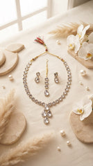 Zelya Premium Crystal bigdrop Necklace Set for Women | Silver Finish Adjustable Necklace with Earrings & Maang Tikka