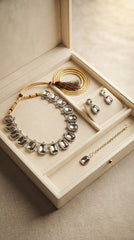 Premium Hexa Mirror Necklace Set for Women | Silver Finish Adjustable Mirror Jewellery with Matching Earrings & Maang Tikka