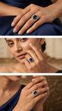 Royal Blue Statement Ring for Women | Emerald-Cut Blue Crystal Halo Ring | Silver Finish Adjustable Cocktail Ring