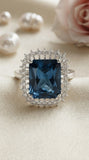 Royal Blue Statement Ring for Women | Emerald-Cut Blue Crystal Halo Ring | Silver Finish Adjustable Cocktail Ring