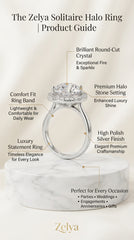 Solitaire Halo Ring for Women | Round-Cut Crystal Statement Ring | Silver Finish Adjustable Ring