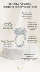Radiant Snowflake Statement Ring for Women | Emerald-Cut Crystal Halo Ring | Silver Finish Adjustable Ring
