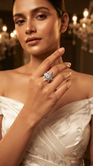 Radiant Snowflake Statement Ring for Women | Emerald-Cut Crystal Halo Ring | Silver Finish Adjustable Ring