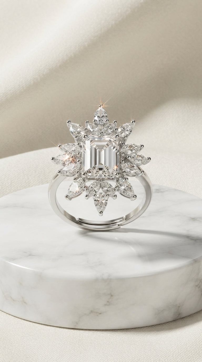 Radiant Snowflake Statement Ring for Women | Emerald-Cut Crystal Halo Ring | Silver Finish Adjustable Ring